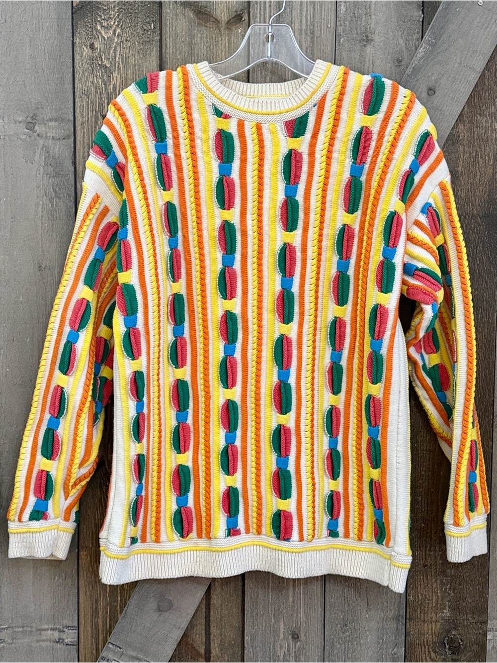 Vintage Sweater Clothes 90s 3D Textured Rainbow Stripe Cotton Novelty Art Knit